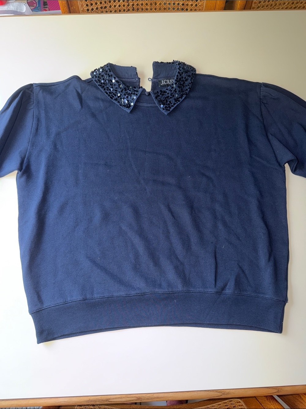 J. Crew Embellished Sequin Peter Pan Collar Sweatshirt in Navy